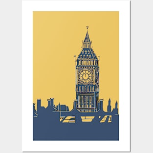 Big Ben and London Skyline in Blue and Mustard yellow Posters and Art